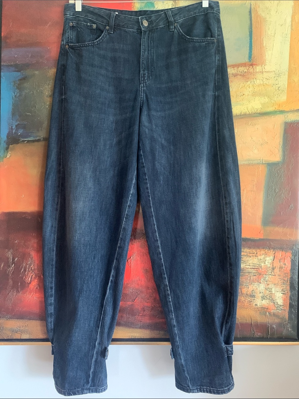 Zara TRF 100% Cotton Balloon Barrel Leg Jeans Dark Indigo Blue, Size 10 (US 32)